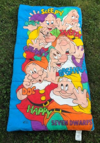 Vintage 90’s Disney Seven Dwarfs Childs Kids Sleeping Bag 30”x57” Ero