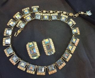 Vintage Bogoff Signed Blue & Clear Crystal Necklace & Clip Earrings Shippin