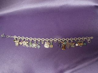 Vintage Kirks Folly Silver Cat Charm Bracelet W/ Aurora Borealis Crystals 8 "