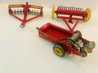 Vintage 1954 Dinky Toys Farm Implements: Manure Spreader,  Hay Rake,  Disc Harrow