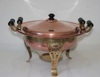 Large Vintage Copper Chafing Dish With Brass Stand 4 Piece Set