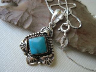 Vintage Navajo Turquoise And Sterling Silver Pendant On A 925 Sterling Necklace