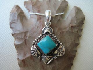 Vintage Navajo Turquoise and Sterling Silver Pendant on a 925 Sterling Necklace 2