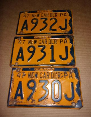 3 Vintage 1947 Pa.  Dealer License Plates Consecutive Numbers