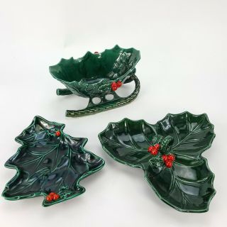 Vintage Lefton Green Holly Berry 3pc Set Sleigh Candy Nut Tray Relish Dish Japan