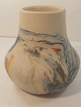 Vintage Nemadji Indian River Art Pottery Vase Blue Orange Brown - 4 1/2 "