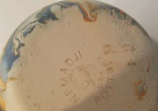 Vintage NEMADJI Indian River Art Pottery Vase Blue Orange Brown - 4 1/2 