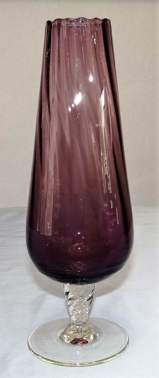 Vtg Empoli Italian Art Glass Amethyst Purple Vase Optic Rib Footed Pedestal