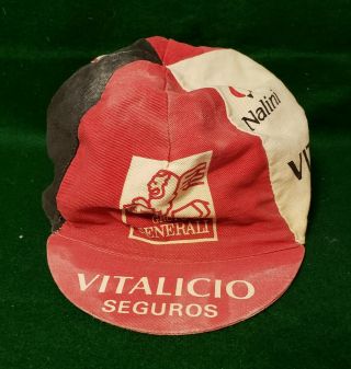 Vintage,  Vitalicio Road Cycling Hat - White,  Black,  Red Lion Logo.  Made In Italy