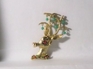 Vintage Gold - Tone Metal Rhinestone Enamel Beads Christmas Reindeer Pin Brooch