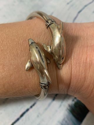 925 Sterling Silver - Vintage Double Dolphin Bypass Cuff Bangle Brace Signed Rbn