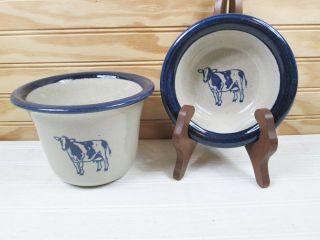 Vtg Brinker Pots Dip Crock Cow Blue Stoneware Ice Water Sauce Warm Cold Country