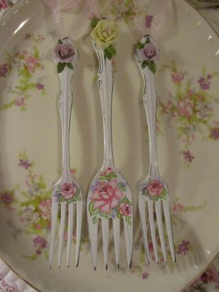 Shabby Chic Hand Painted Roses - Set Of Three Painted Vintage Silverware - White
