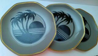 3 Scarce Vintage Shenango Anchor Hocking China Palm Tree Hawaiian Sunset Plates