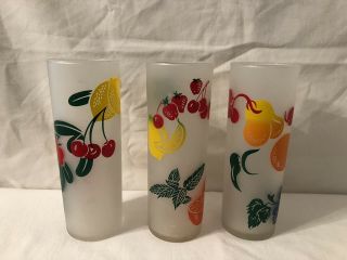 Vintage Set Of 3 Federal Frosted Fruit Tall Drinking Glasses Bar Cocktail Mcm