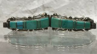 Vintage Navajo Sandcast Sterling Silver Turquoise Inlay Watch Band Signed Cb