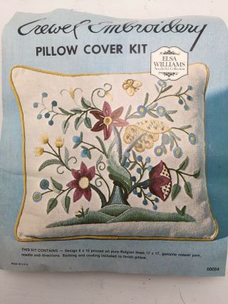 Vtg Elsa Williams Jacobean Floral Pillow Crewel Embroidery Kit 00054 17 " X 17 "
