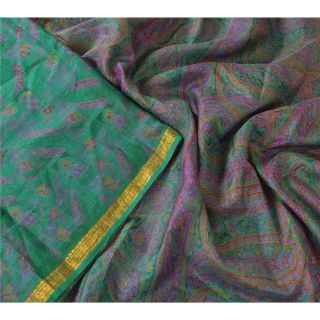 Sanskriti Vintage Printed Ethnic Saree 100 Pure Silk Craft Green Fabric Zari Bo