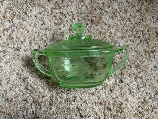 Vintage Green Depression Glass Sugar Bowl W Lid