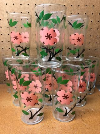 Set Of 13 Vintage Federal Glass Pink Dogwood Pattern Tumblers Retro Juice