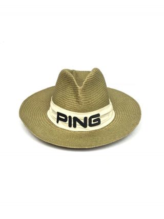 Vtg Ping Natural Straw Wide Brim Panama Golf Hat By Karsten Mens White Band
