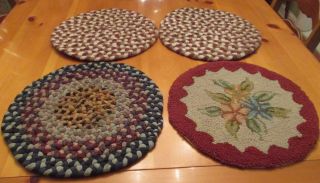 Four Vintage Handmade Chair Pads,  3 Braided 1 Hooked Floral Vg To Evc
