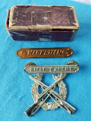 Vintage Silver Plate Us Military Rifle Expert Badge Pin & Marksman Pin