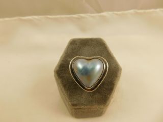 Vintage Large Sterling Silver Blue Mabe Pearl Heart Shape Ring 14.  6 Grams