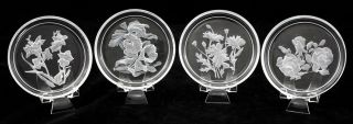 Four (4) Vintage Val St Lambert Crystal 3 5/8 " Floral Intaglio Coasters - Signed