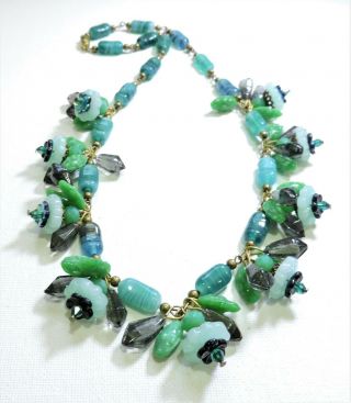 Vintage Green And Black Flowers Lampwork Art Glass Bead Necklace Jl19235