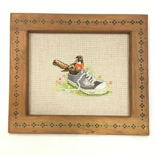 Vintage 80s Cross Stitch Framed Art Bird Sneaker Flowers Whimsical Embroidery