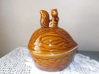 Vintage Ceramic Squirrel On A Walnut Trinket With Lid