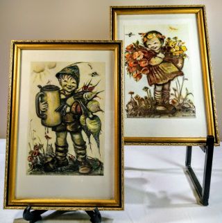 Vintage Hummel Gold Framed Art Prints Boy And Girl Set Of 2