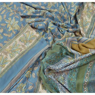 Sanskriti Vintage Blue Saree Moss Crepe Printed Sari Craft Soft Dress Fabric