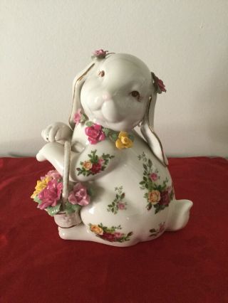 Vintage Royal Albert Old Country Roses Porcelain Bunny W/ Basket Figurine