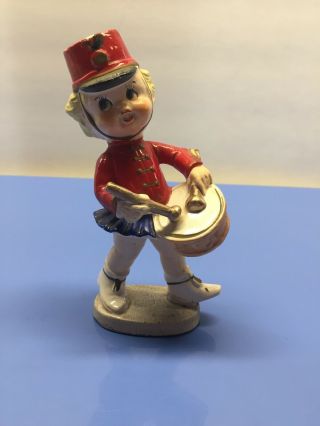 Vintage 6” Girl Figurine Wearing A Red & Blue Marching Band Uniform W/ Drum