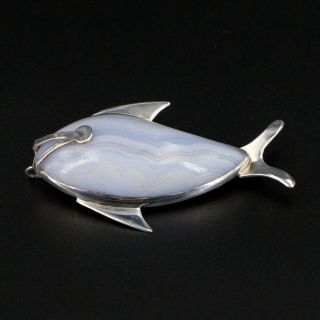 Vtg Sterling Silver Wwl African Blue Lace Agate Fish Pendant Brooch Pin - 20g
