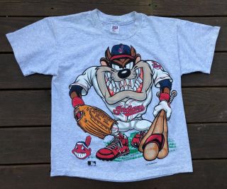 Vintage Cleveland Indians 1994 Taz Wahoo Gray Graphic Baseball Shirt Men 