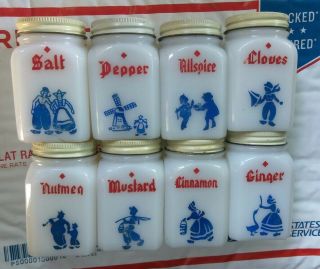 Vintage Mckee Dutch (tipp City?) Milk Glass Spice Jar Set 8 Jars