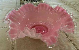 Vtg.  Fenton Silvercrest Pink & White 11” Across Crimped Ruffled Edges Bowl