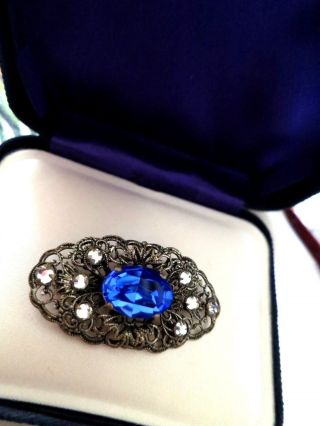 Lovely Vintage Czech Filigree Sapphire Blue Rhinestone Brooch