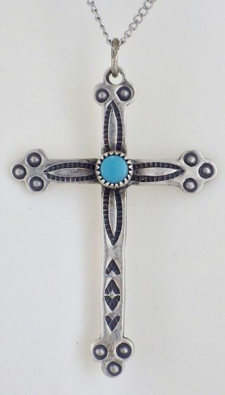 Vintage 1960’s Bell Trading Post Sterling Silver Ornate Turquoise Cross Necklace