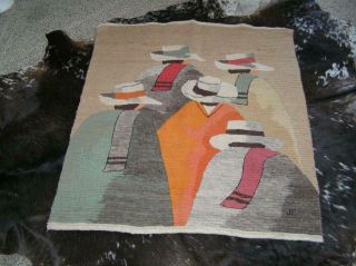 Vintage Wool Hand Woven Peruvian Wall Hanging Of 5 Peruvian Natives Backs 41x46