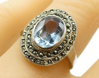 925 Sterling Silver - Vintage Blue Topaz & Marcasite Solitaire Ring Sz 8 - R5956