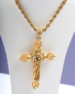 Gold Tone Necklace With Large Cross Pendant,  Vintage 1960s