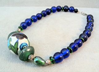 Vtg Large Pottery Bead On Choker Necklace With Cobalt & Green Glass Beads - 15 "