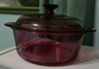 Visions 1148 Corning Cranberry Clear Glass Casserole Pot Pan & Lid 1.  5 Qt Vtg