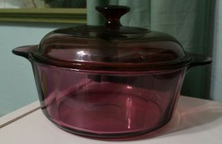 Visions 1148 Corning cranberry clear Glass casserole Pot pan & Lid 1.  5 Qt VTG 2