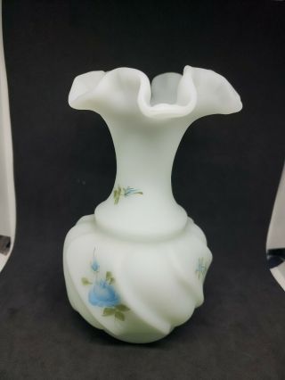 Fenton Blue Roses On Satin Vase Wave Crest Vintage Hand Painted Art Glass