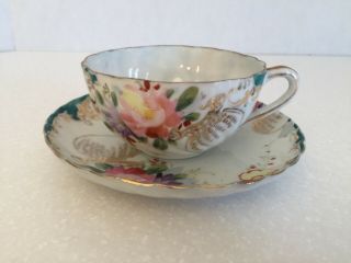 Tea Cup & Saucer Porcelain Hand Painted Pink Aqua,  Gold Trim - Vintage